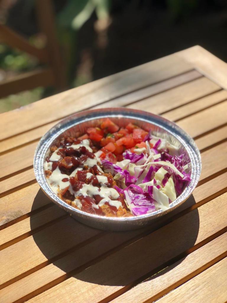 BBQ Pulled Pork Bowl  · Slow roasted BBQ pork topped in house made pico, crispy bacon, drizzled in BBQ and 49’s Cowboy Sauce™