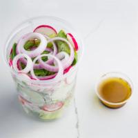 Fattoush Salad Shakers · Romaine, radish, tomatoes, cucumbers, red onions, sumac dressing.