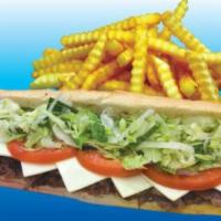 Steak and Cheese Sub · Steak, Swiss, pepper relish, onions, lettuce, tomato, and tony sauce.