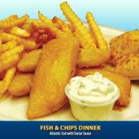 Fish and Chips · 4 - 2oz. pieces. Atlantic cod, fries, coleslaw, roll, tartar, and lemon.