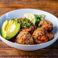 Thai Impossible Meatball Bowl · Impossible meatballs with peanut sauce, caramelized onions, avocado, charred peppers, cucumb...