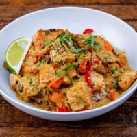 Green Curry Chicken Bowl · Antibiotic-free roasted chicken with curry sauce, roasted sweet potatoes, sauteed mushrooms,...