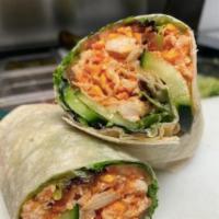 Buffalo Chicken Wrap · Buffalo Chicken, shredded cheddar cheese, cucumbers, tomatoes, lettuce, and cool ranch dress...