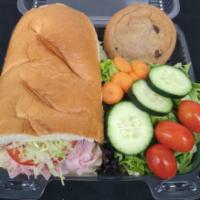 Sub & Garden Salad Box Lunch · Individually boxed Sub, Garden Salad, and Cookie. Sub includes lettuce and tomato with packe...