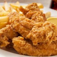 Chicken Fingers · Fresh batch of chicken fingers, served with celery, carrots, and honey mustard.