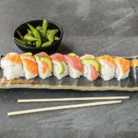 Rainbow Roll · Eight pieces. Crab salad and cucumber. Topped with tuna, salmon, and avocado.