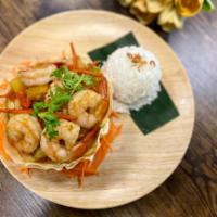 Love Nest · Stir-fried Jumbo shrimp and chicken with chili garlic paste, cashew nuts, carrots, pineapple...