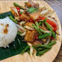 Gra Prow Moo Grob · Stir-fried crispy pork belly with holy basil, onions, bell peppers, string beans and fresh c...