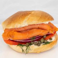 New Yorker Bagel · Nova Scotia salmon, schmear of cream cheese, red onion, tomato, dill and capers.