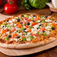 Mediterranean Veggie · Tomato sauce, kosher mozzarella, spinach, mushrooms, banana peppers, roasted red peppers, re...