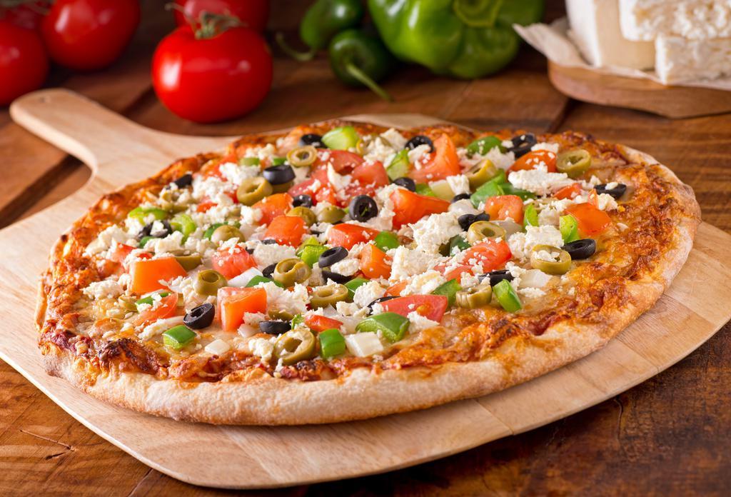 Mediterranean Veggie · Tomato sauce, kosher mozzarella, spinach, mushrooms, banana peppers, roasted red peppers, red onions, green peppers, garlic, black olives, kosher Feta cheese. Vegetarian. Halal.