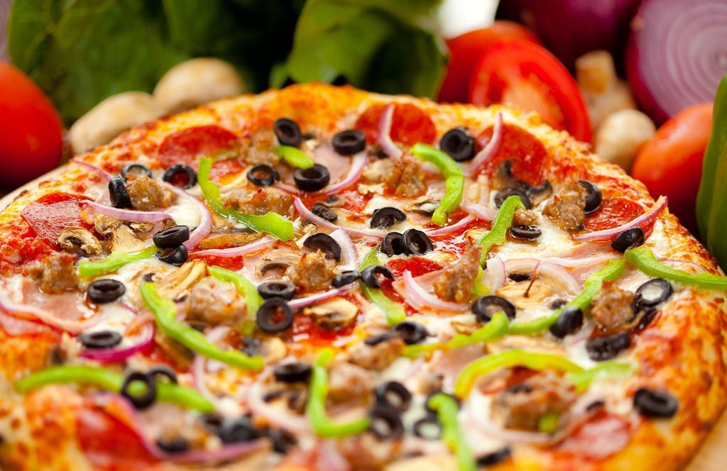 Meat Supreme · Tomato sauce, kosher mozzarella, halal turkey pepperoni, halal steak, mushrooms, banana peppers, roasted red peppers,red onions, green peppers, garlic, black olives Halal.