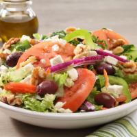 Greek Salad · Lettuce, tomatoes, cucumbers, green peppers, red onions, carrots, kalamata olives, kosher fe...