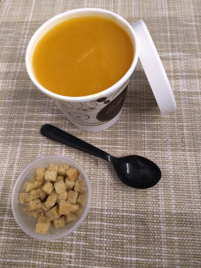Butternut Squash Soup · Piping hot Fresh Butternut Squash Soup, With a cup of Onion Garlic Croutons.