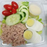 Nicoise Salad · Lettuce, grape tomatoes, cucumbers, sliced eggs and plain tuna. Cup of 1000 Island dressing.
