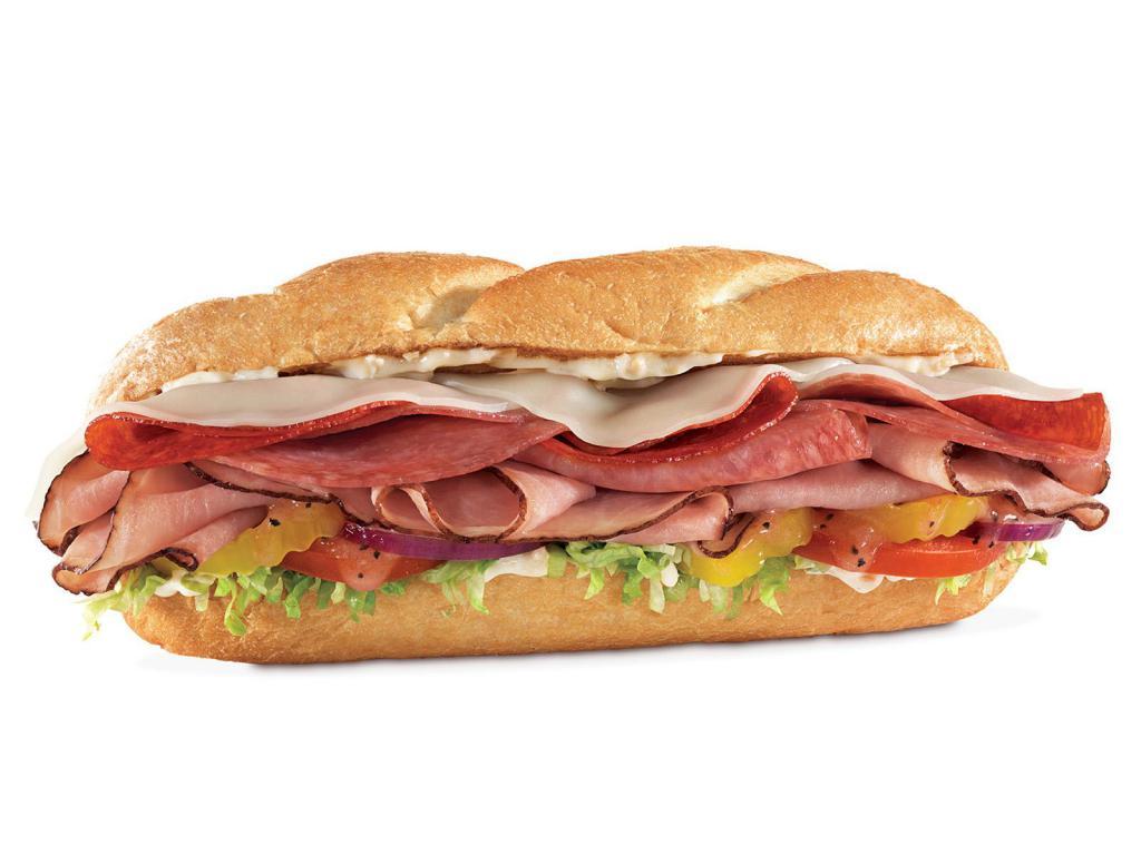 Loaded Italian Small Meal · Sliced pit-smoked ham, salami and pepperoni with provolone cheese, banana peppers, lettuce, tomato and red onion with garlic aioli on a toasted sub roll and then drizzled with red wine vinaigrette. Visit arbys.com for nutritional and allergen information.