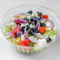 Greek Salad · Romaine, olives, feta, cucumber, red onions and tomato.