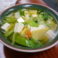 Vegetable Bean Curd Soup · Served with crispy noodle. No meat.