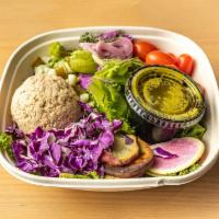 Fork,  Bowl and Ultimate Tuna Bowl · Spring mix , kale, Japanese sweet potato, watermelon radishes, purple cabbage, tuna salad, p...