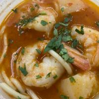 Jumbo Shrimp noodle soup 32oz · Home made  delicious shrimp soup with noodles and potatos.