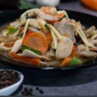Ginger · Sautéed fresh gingers, onions, bell peppers, carrots, mushrooms and black mushrooms in a lig...