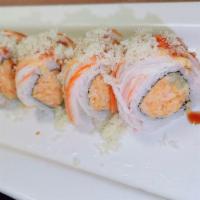 SR8. Spicy Crab Crunchy Roll · Spicy crab, cucumber inside crab stick on top with chef’s spicy sauce.