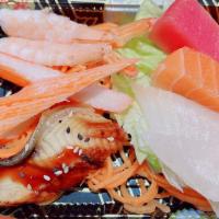 NS10. Assorted Sashimi (6) · Eel, Tuna,  Salmon, Shrimp,  Crab Stick and Tilapia