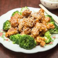 H7. General Tso's Chicken Specialty · Boneless chicken chunks, marinated and quickly fried all is then sauteed with hot and spicy ...