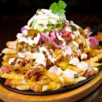Big Kahuna Fries · Cheese fries topped with pulled pork, pico, pickled red onion, pickled jalapenos, guacamole,...
