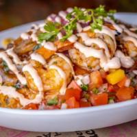 Tropical Shrimp Bowl · Sauteed shrimp, jalapeno mango salsa, Cali coleslaw, jasmine rice, pickled red onions, roast...