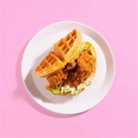 Fried Chicken and Waffle Sandwich · Crispy fried chicken with pickles and mayo sandwiched between 2 fluffy Belgian waffles.
