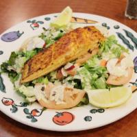 Individual Columbia River Salmon Steak Salad · Made with tomato slices, lettuce, creamy coleslaw, potato salad and hard boiled egg.