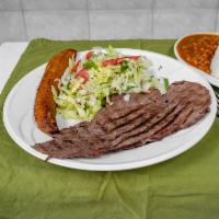 Carne Asada · Grilled steak, rice, beans, sweet plantain, and salad.