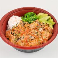 Main Poké Bowl · Salmon with spicy mayo and sriracha. Mixed in with green onions, masago, avocado, furikake, ...