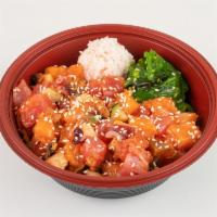 Washington Poké Bowl · Ahi tuna, salmon, and tako with sweet chili sauce and sesame oil. Mixed in with shitake, mas...
