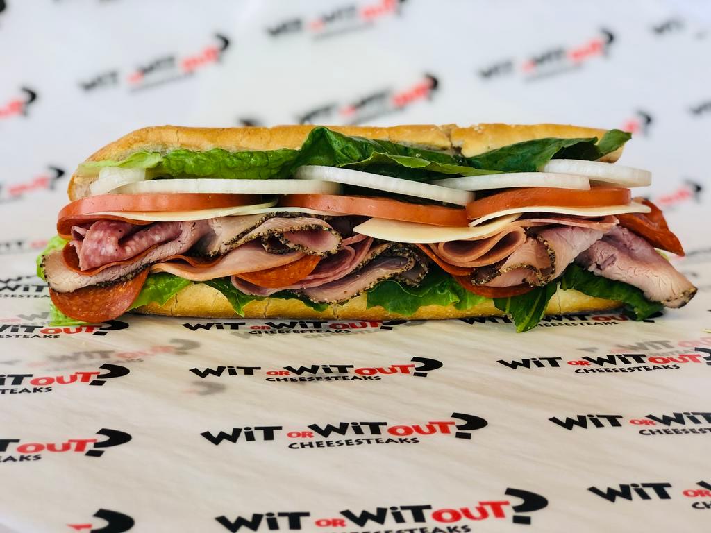 Old School Italian Hoagie · Pepper ham, provolone, capicola, pepperoni and Genoa salami topped with lettuce, tomato and onions. Served on seeded Italian roll with WoW hoagie oil.