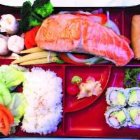 Salmon Dinner Bento Box · Served with rice, California roll, shumai, miso soup and salad.