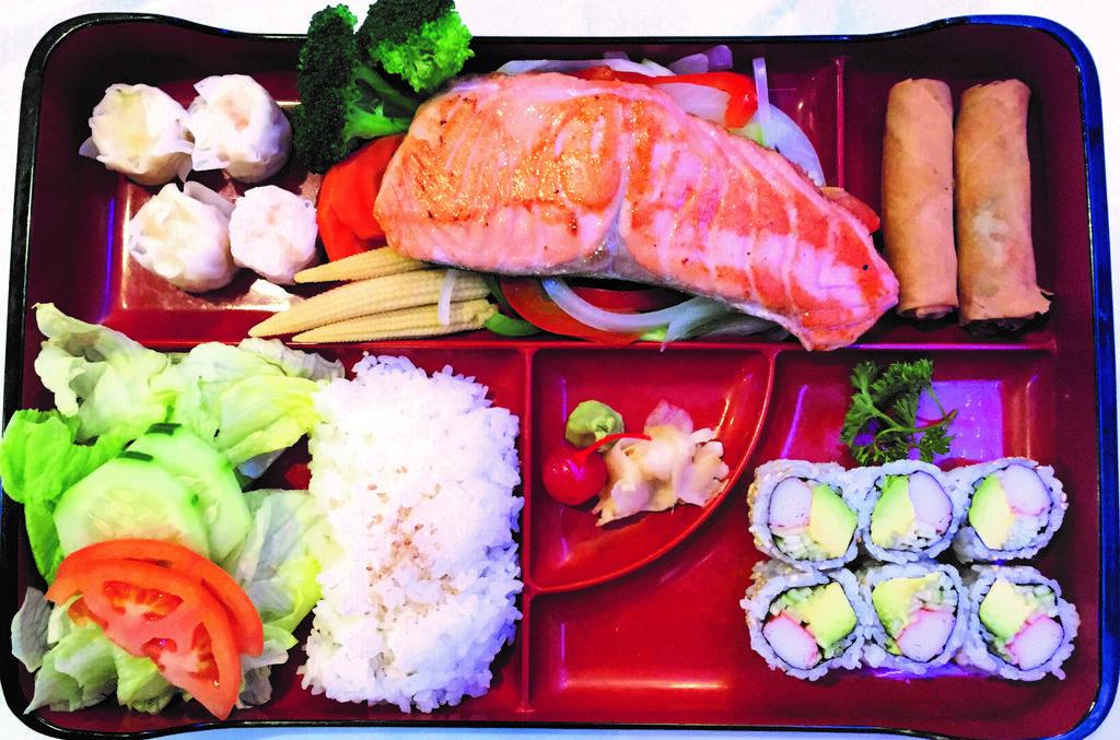 Salmon Dinner Bento Box · Served with rice, California roll, shumai, miso soup and salad.