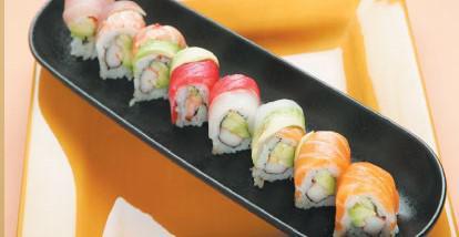 Rainbow Roll · California roll with salmon, tuna and white fish on the top.
