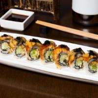 Black Dragon Roll · Eight pieces. Eel and cucumber roll outside with eel.