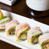 Okawa Roll 1 · Shrimp tempura inside, avocado and kani on top with special sauce.