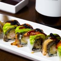 Okawa Roll 3 · Shrimp tempura inside, eel and avocado with tobiko on top.