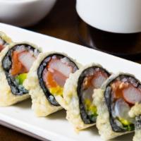 Volcano Roll · Fried roll. Tuna, salmon, white fish, crab, tobiko and avocado, fried with spicy sauce.
