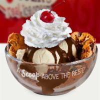 Chocolate Chip Cookie Sundae · Chocolate Chip Cookie with 2 scoops of vanilla ice cream topped with hot fudge, whipped crea...