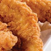Chicken Strips · Crispy, all white meat chicken breast strips and served with honey mustard dipping sauce.