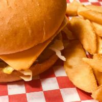 1/4 Lb. Angus Beef Burger with Fries · Here's Junior!!!  Our famous quarter-pound 100% Angus Beef patty served on a gourmet bun wit...