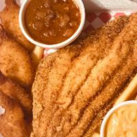 Catfish Fillet, 4pc Jumbo Shrimp, Fries and 2 Sides · 1 LARGE (9 to 12 oz.) Catfish fillet, seasoned fries, 4 jumbo size shrimp and choice of 2 si...
