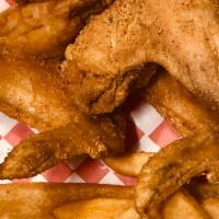 3 Wings and Fries · Tasty!  Our signature whole wings - pre-brined, flour-seasoned and later deep fried in canol...