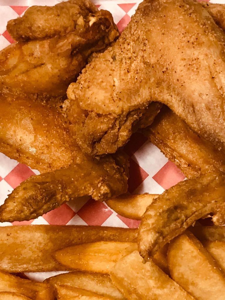 3 Wings and Fries · Tasty!  Our signature whole wings - pre-brined, flour-seasoned and later deep fried in canola oil - served with fries.