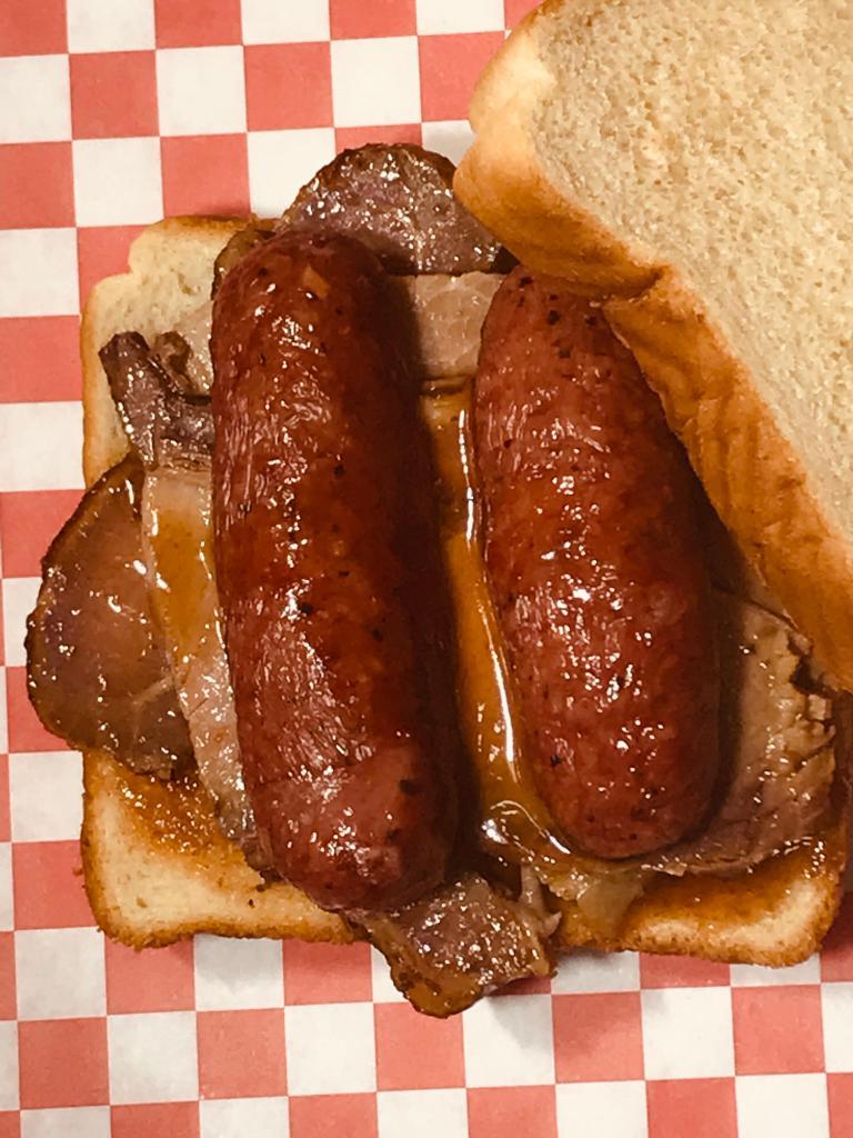 Sliced Brisket and Elgin Sausage Combo Sandwich · Double Smokey!  Our signature Brisket and Elgin Sausage served on Texas Toast with BBQ sauce, pickles and onions.